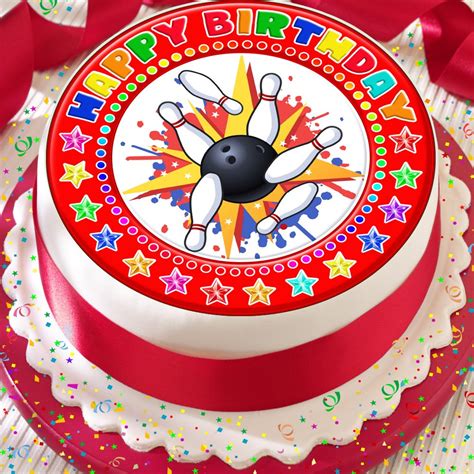 Tenpin Bowling Happy Birthday Red 75 Inch Precut Edible Icing Cake