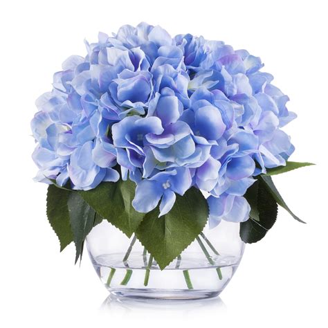 enova home artificial flowers silk hydrangea fake flowers arrangement in round glass vase with