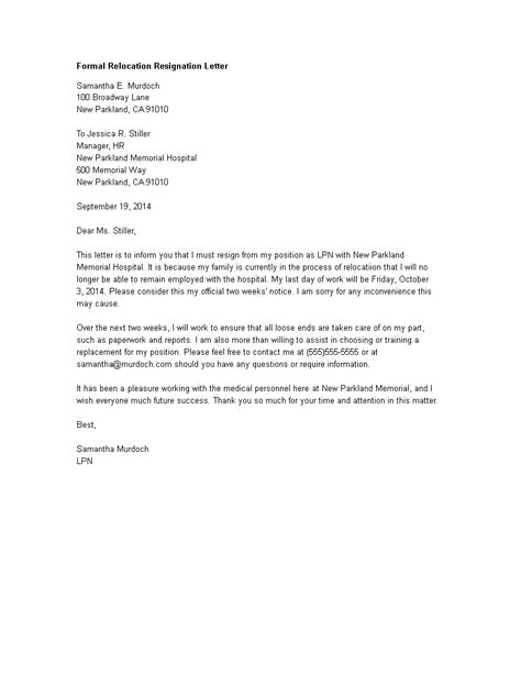 Formal Relocation Resignation Letter Templates At