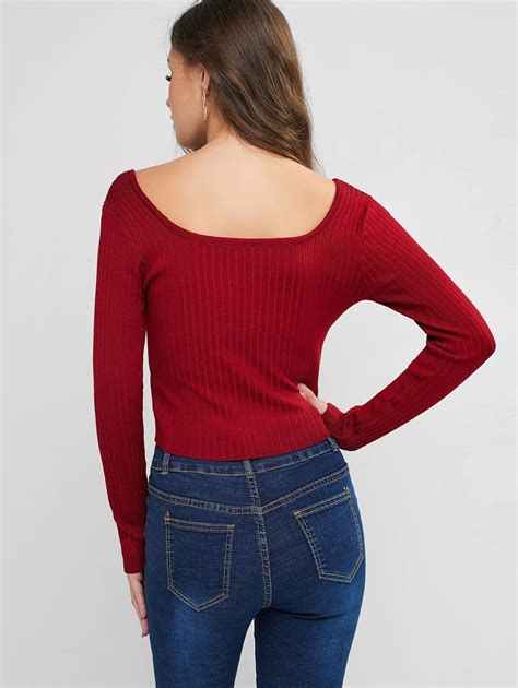 Scoop Neck Ribbed Zip Up Sweater Red Wine Aff Ribbed Neck