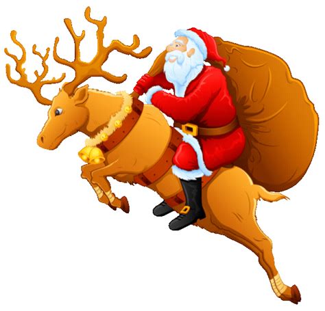 Santa Claus Riding On The Back Of A Reindeer With Antlers In His Mouth And Bell Around His Neck
