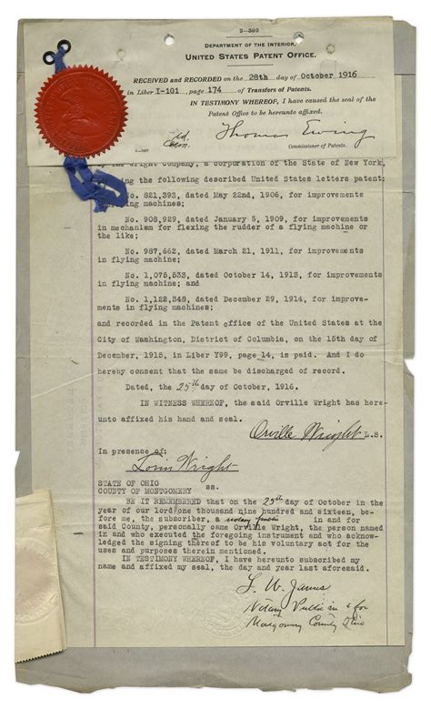 Lot Detail - Orville Wright Signed Patent Document From 1916 ''for improvements in flying ...