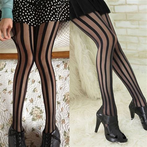 Rock Gothic Sexy Women Girl Black Stockings Vertical Stripe Tights