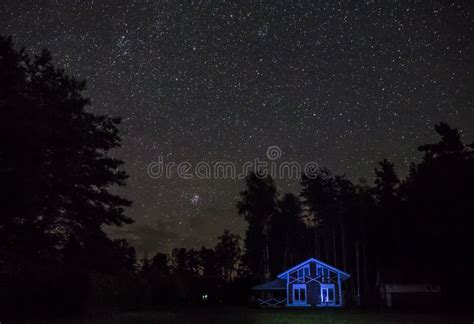 Night Starry Sky Scene With Illuminated Cottage Stock Image Image Of