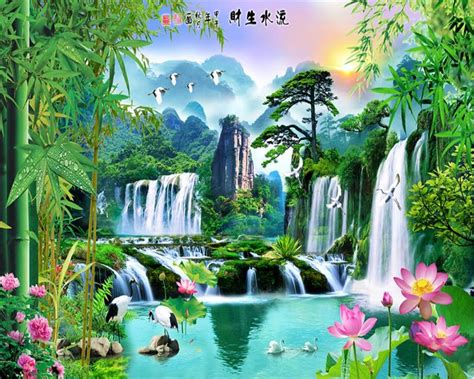 Beibehang 3d Wallpaper Nature Painting Bamboo Lotus Welcoming Pine Scenery Landscape Water Tv