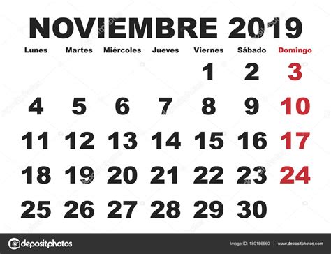 Noviembre 2019 Pared Calendario Español — Archivo Imágenes Vectoriales