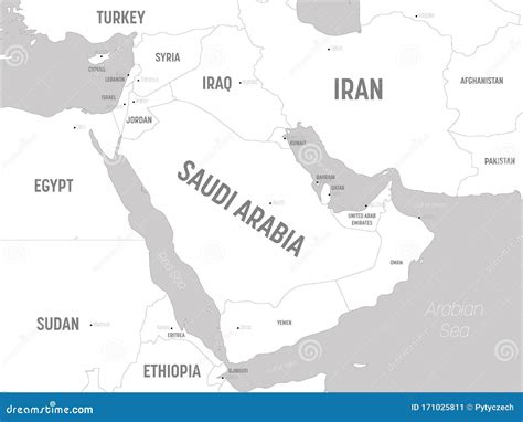 Middle East Map White Lands And Grey Water High Detailed Political