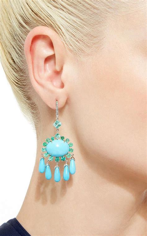 18K White Gold Emerald And Turquoise Chandelier Earrings By Nina
