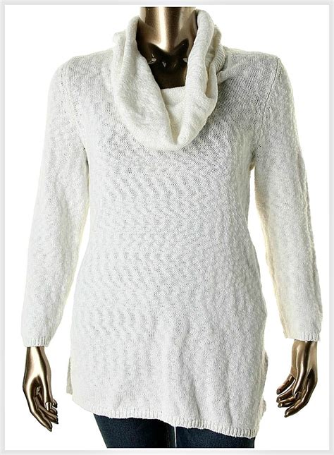 White Marled Cowl Neck Designer Plus Size Tunic Sweater Plus Size