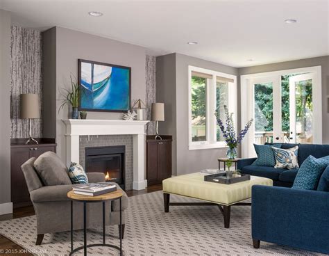 Blue Grey Color Scheme For Transitional Living Room With Sidetable