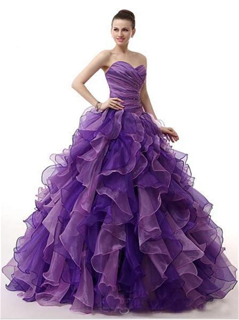 Ball Gown Sweetheart Purple Organza Ruffle Beaded Prom Dress Corset Back