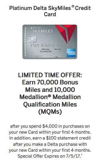 Plus, earn up to $100 back in statement credits for eligible purchases at us restaurants in your fi Amex Platinum Delta SkyMiles Credit Card - 70,000 Mile Signup Bonus + $100 Credit