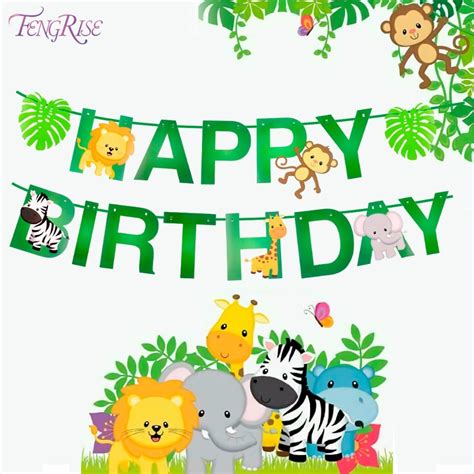 Fengrise 1 Set Happy Birthday Banner Cartoon Animal Paper