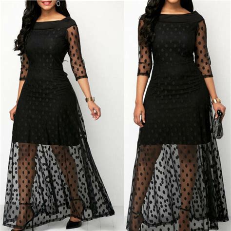 2019 New Plus Size Women Dress Elegant Dot Mesh Dress For Lady High Waist Black Long Dress