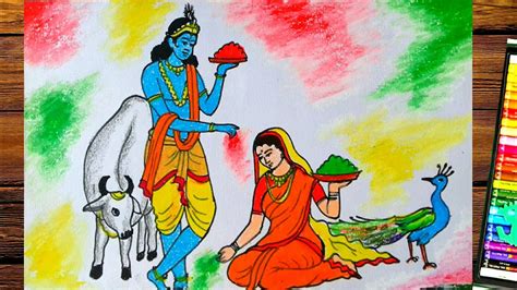 Radhakrishna Holi Drawing With Pastel Color Step By Step Youtube