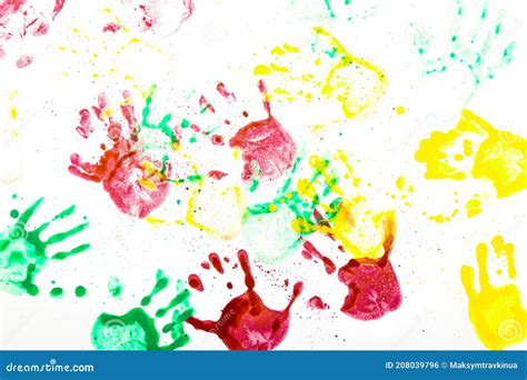Handprints Of Different Colors On White Paper Multicolor Hand Prints