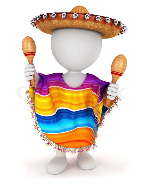 3d White People Mexican With A Sombrero A Poncho And Playing Maracas