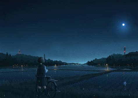 Hd Wallpaper Anime Original Bag Bicycle Field Girl Moon Night