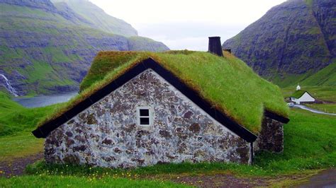 Nature Landscape House Green Grass Mountain Water Faroe Islands