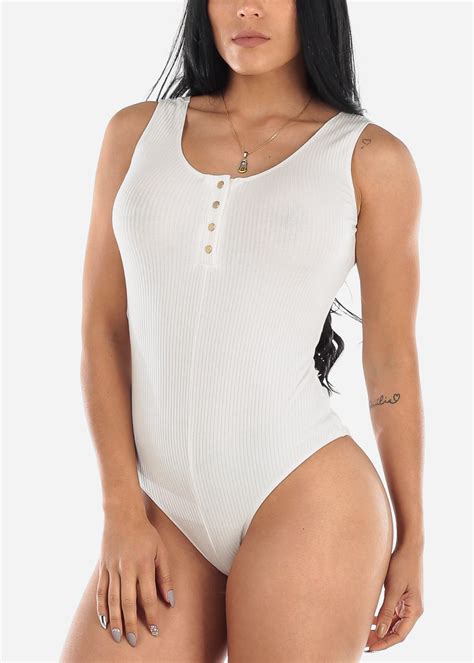 Moda Xpress Womens Sleeveless Bodysuit Round Neck Ribbed White Bodysuit 41228i