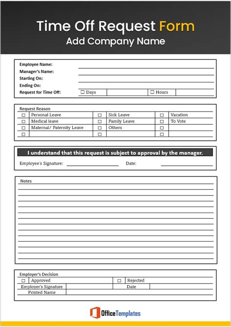 Time Off Request Form Office Templates