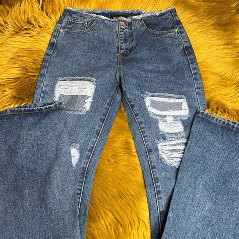 Plt Low Rise Dark Wash Distressed Flare Jeans Depop