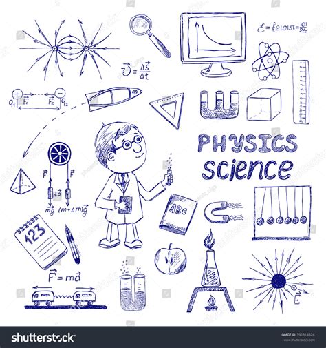 Physics Science Set Sketchy Doodles Lettering Stock Illustration