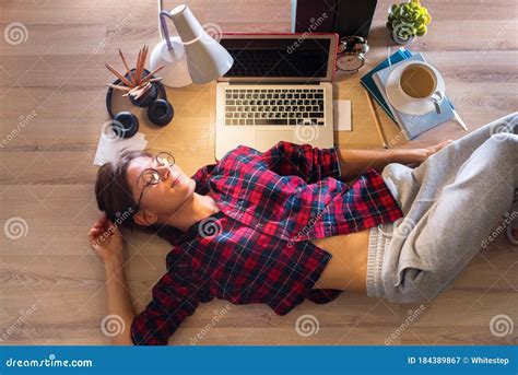 Woman Lying Down And Listening To Music On Floor Stock Image Image Of