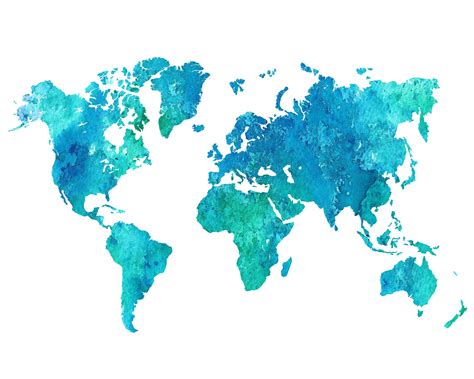 World Map Printable Watercolor Blue World Map Wall Art Blue Etsy