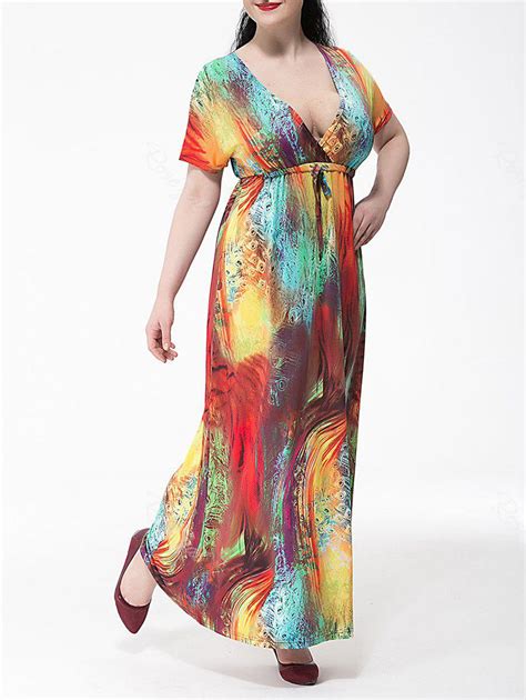 53 Off Plus Size Colorful Short Sleeve Empire Waist Maxi Dress Rosegal