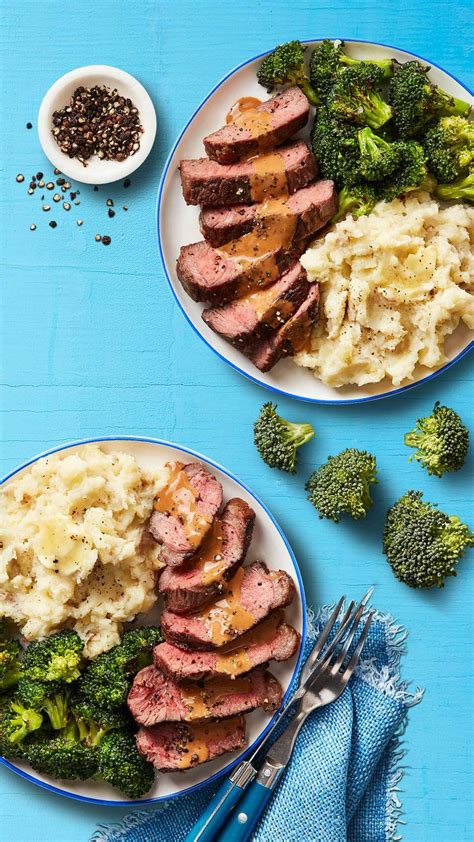 Peppercorn Steak With Crispy Broccoli And Buttery Mashed Potatoes