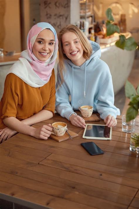 Friends Beautiful Girls Meeting In Cafe Smiling Women Drinking Coffee