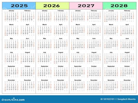 Calendar 2025 2026 2027 2028 Years Set Stock Vector Illustration