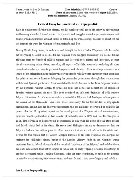 Critical Essay For Jose Rizal As Propagandist Pdf Philippines