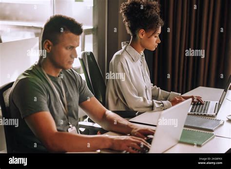 Two Serious Concentrated Colleagues Typing On Their Laptops Stock Photo