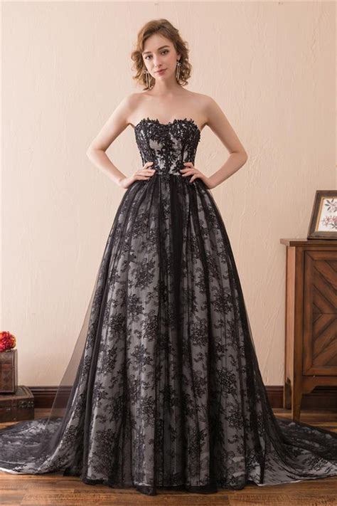 Charming Strapless Corset Back Black Tulle Lace Occasion Prom Dress With Train