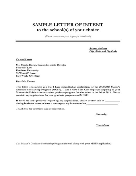 Sample Letter Of Intent Format Free Download