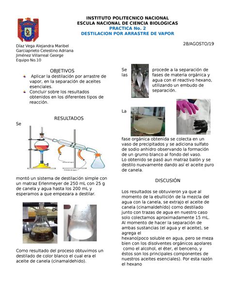 Informe Practica 2 Q DestilaciÓn Por Arrastre De Vapor Díaz Vega
