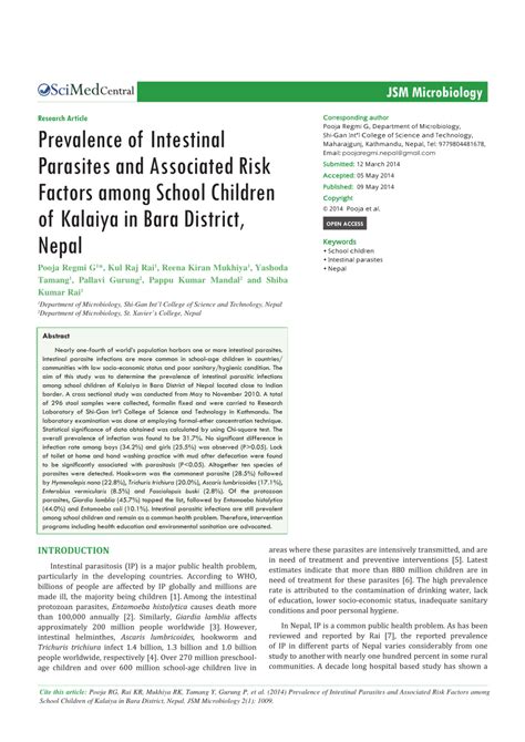 Pdf Prevalence Of Intestinal Parasites And Associated Risk Factors