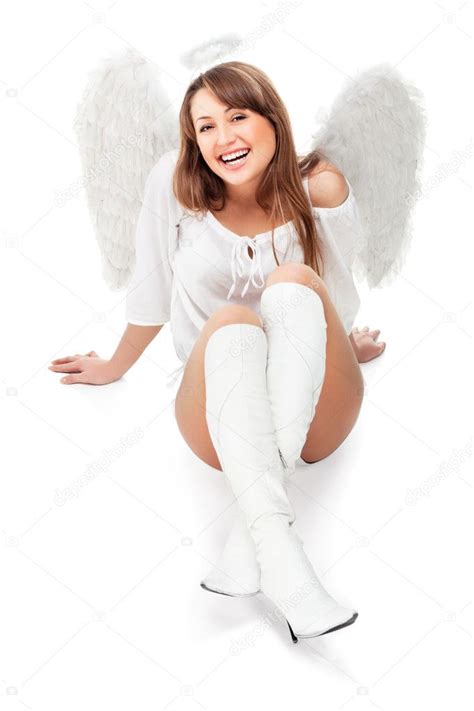Beautiful Blonde Angel Against White Background Stock Photo