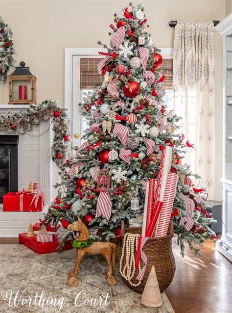 Red And White Flocked Christmas Tree Traditional Christmas