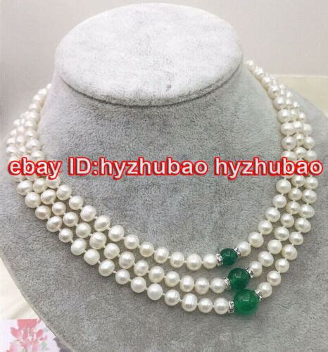 3rows 7 8mm White Akoya Cultured Pearl And Green Jade Gems Beads Necklace