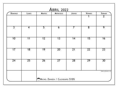 Calendario “51ds” Abril De 2022 Para Imprimir Michel Zbinden Es