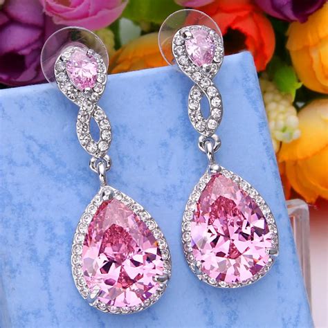 Bella Fashion Pink Teardrop Rhinestone Bridal Earrings Cubic Zircon