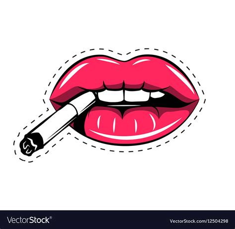 Pink Lips Cigarette In Mouth Isolated On White Vector Image