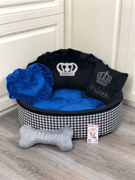Navy Blue And Black Tartan Luxury Dog Bed With Crown Sparkles Designer
