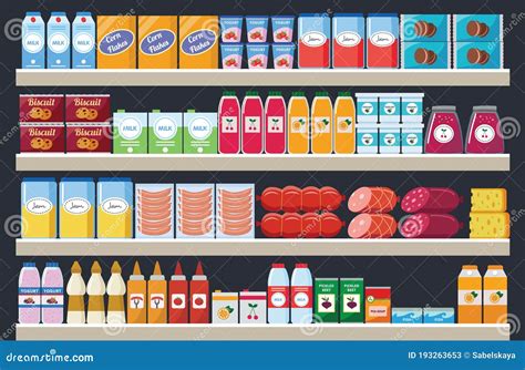 Supermarket Shelves With Assortment Products And Drinks Flat Vector