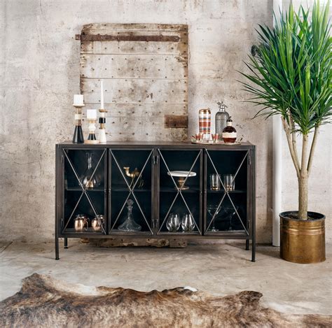 Industrial Aged Black Metal Media Console Sideboard With Glass Doors Zin Home
