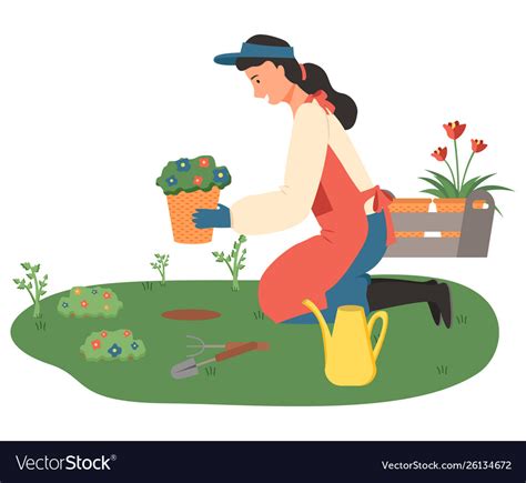 woman gardening lady with flowers in pots vector image