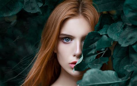 Portrait Model Leaves Women Maks Romanov Redhead Closeup Face Blue Eyes Maksim Romanov Maxim
